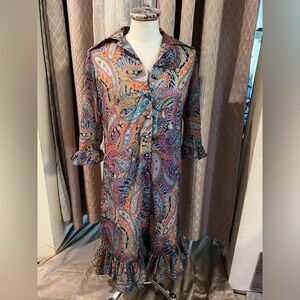 Vintage Victor Costa llc button up ruffle dress with tie.